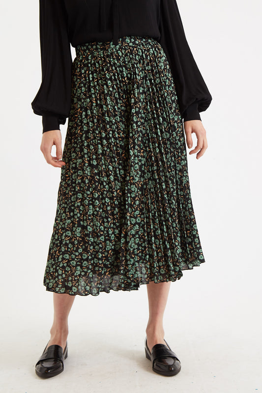 Sabina Fleur Vert Print Pleated Midi Skirt