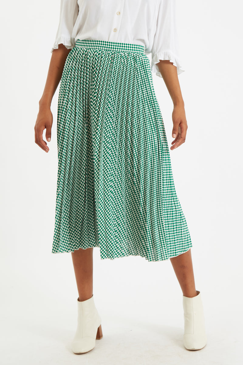 Sabina Green Diamonds Forever Print Pleated Midi Skirt - Front