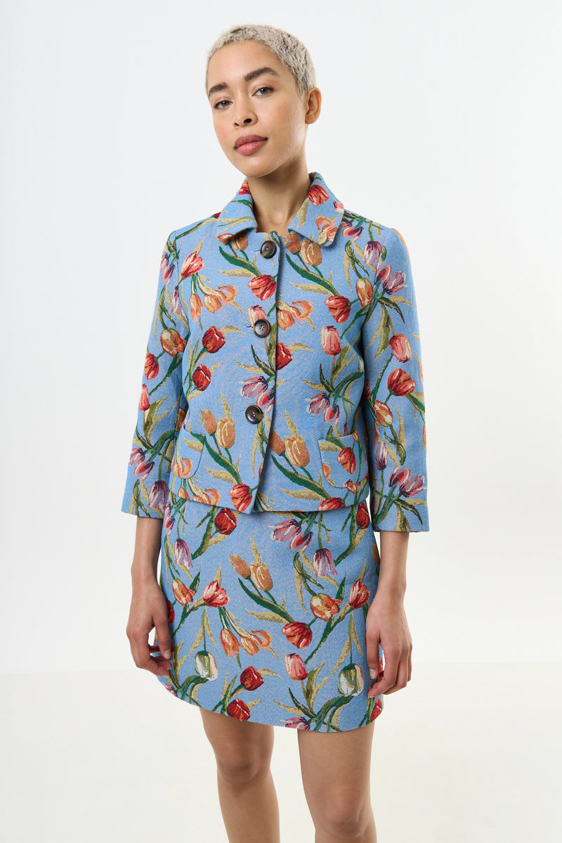Salut Tulip Jacquard Short Jacket - Blue - Front
