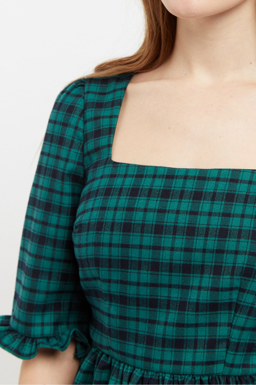 Sassa Winter Gingham Tiered Mini Dress in Green and Black Louche Sassa Winter Gingham Tiered Mini Dress in Green and Black Louche
