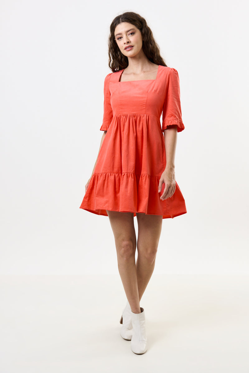 Sassa Lightweight Baby Cord Tiered Mini Dress - Apricot - Front