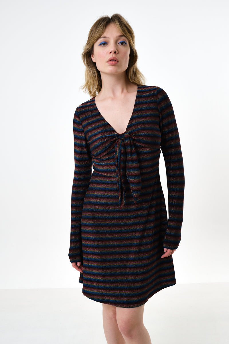 Sidney Sparkle Stripe Fit & Flare Mini Dress - Gold - Front