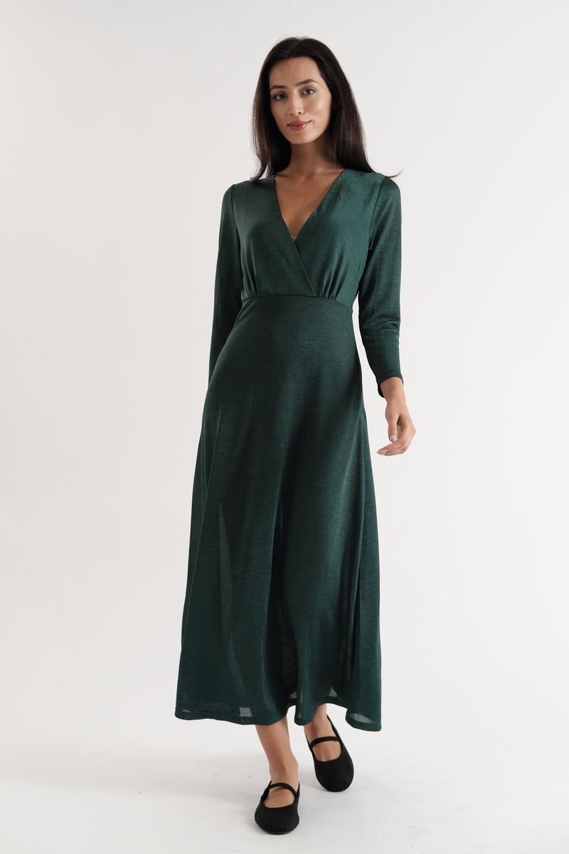 Sona Marl Faux Wrap Midi Dress in Green - Front