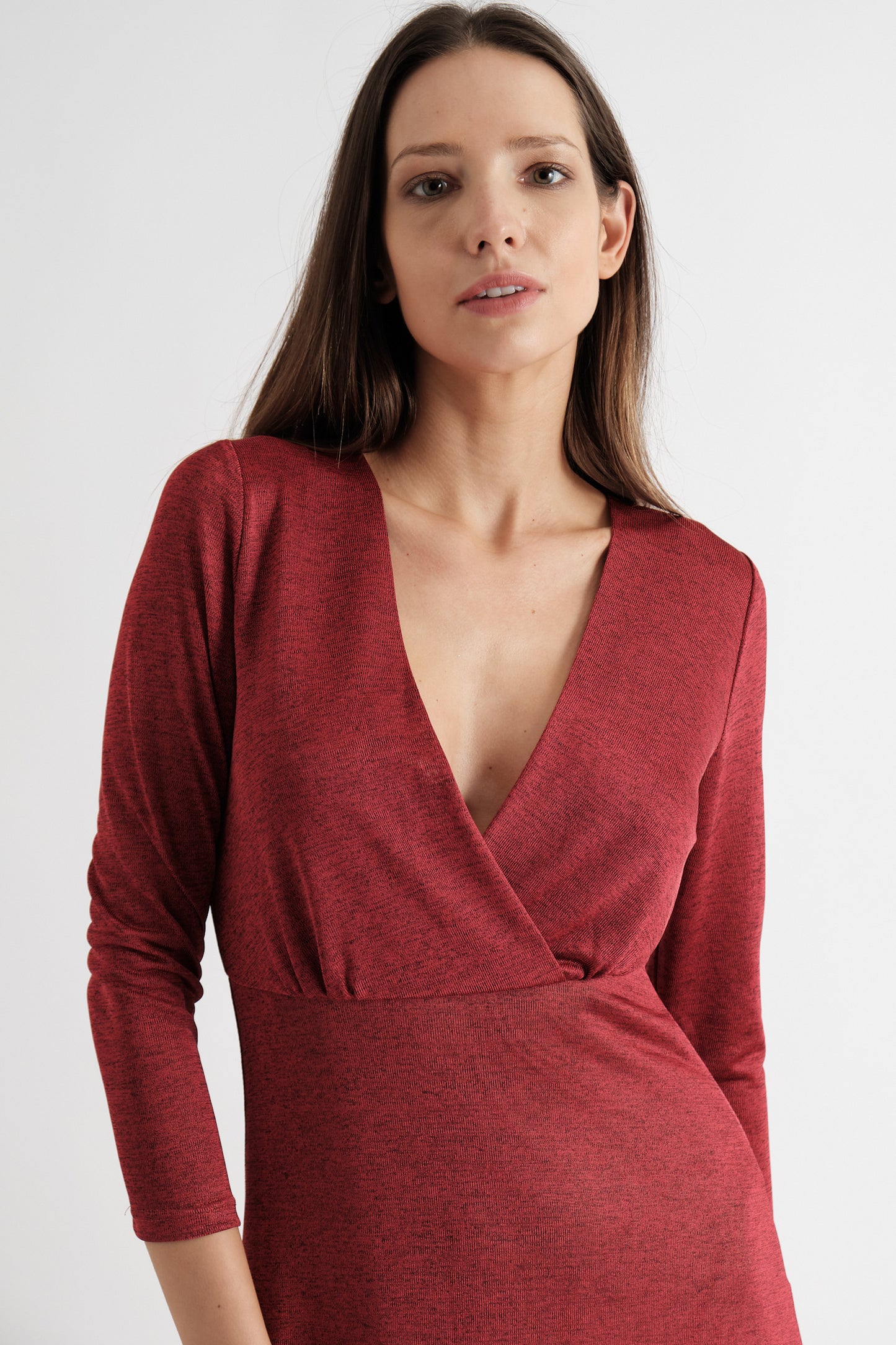 Sona Marl Faux Wrap Midi Dress in Red – Louche