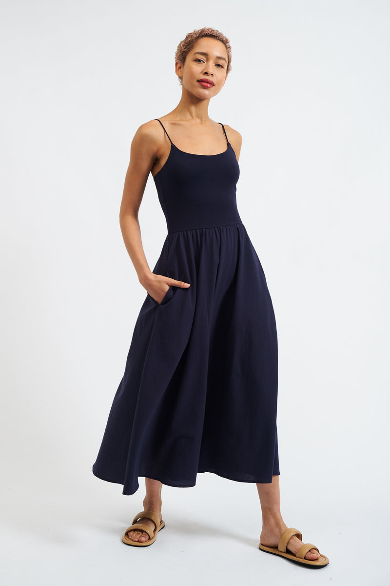 Soumia Jersey Bodice And Recycled Cotton Skirt Midaxi Dress - Navy - Front