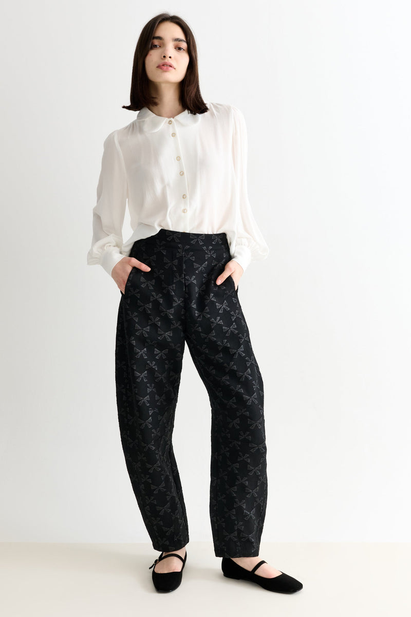 Sutton Black Bow Jacquard Barrel Trousers - Front