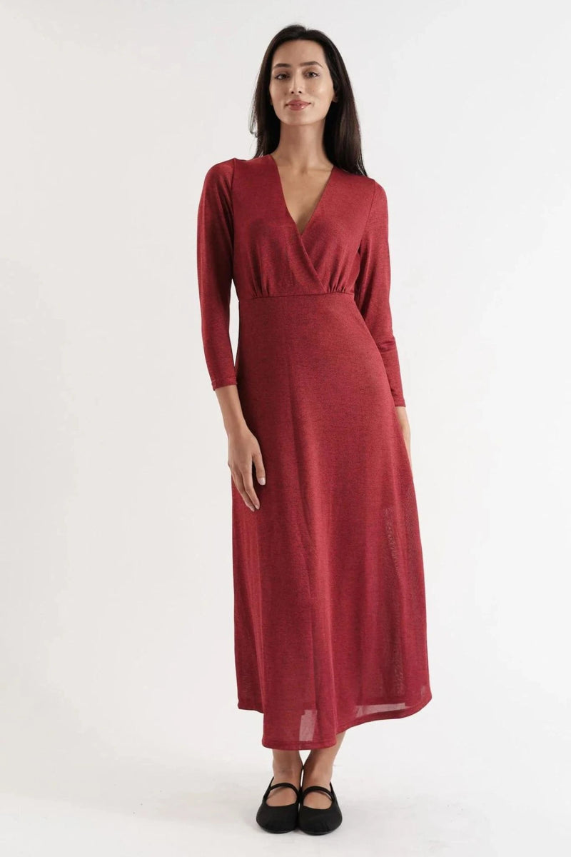 Sona Marl Faux Wrap Midi Dress in Red - Front