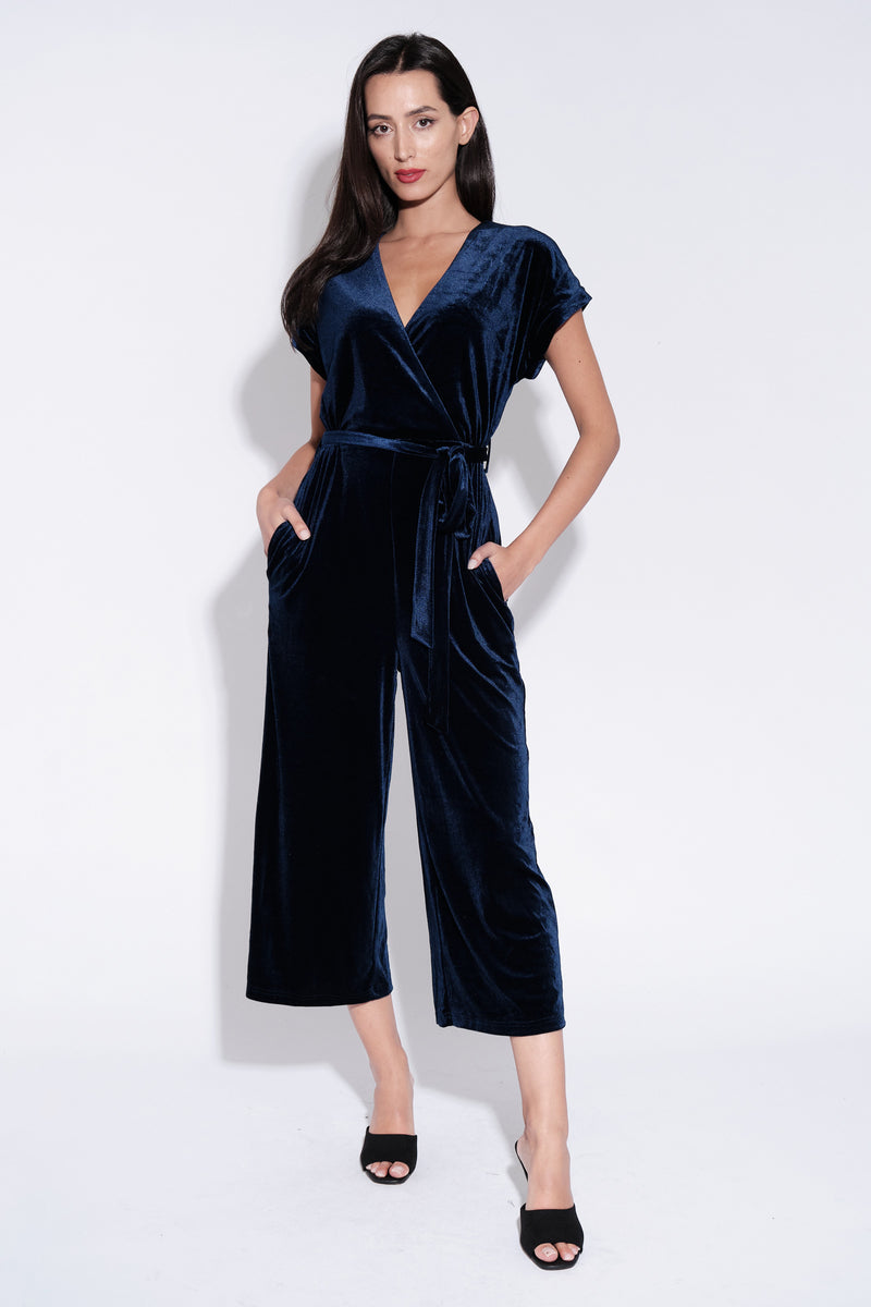 Tiffany Velvet Jumpsuit in Navy - Front