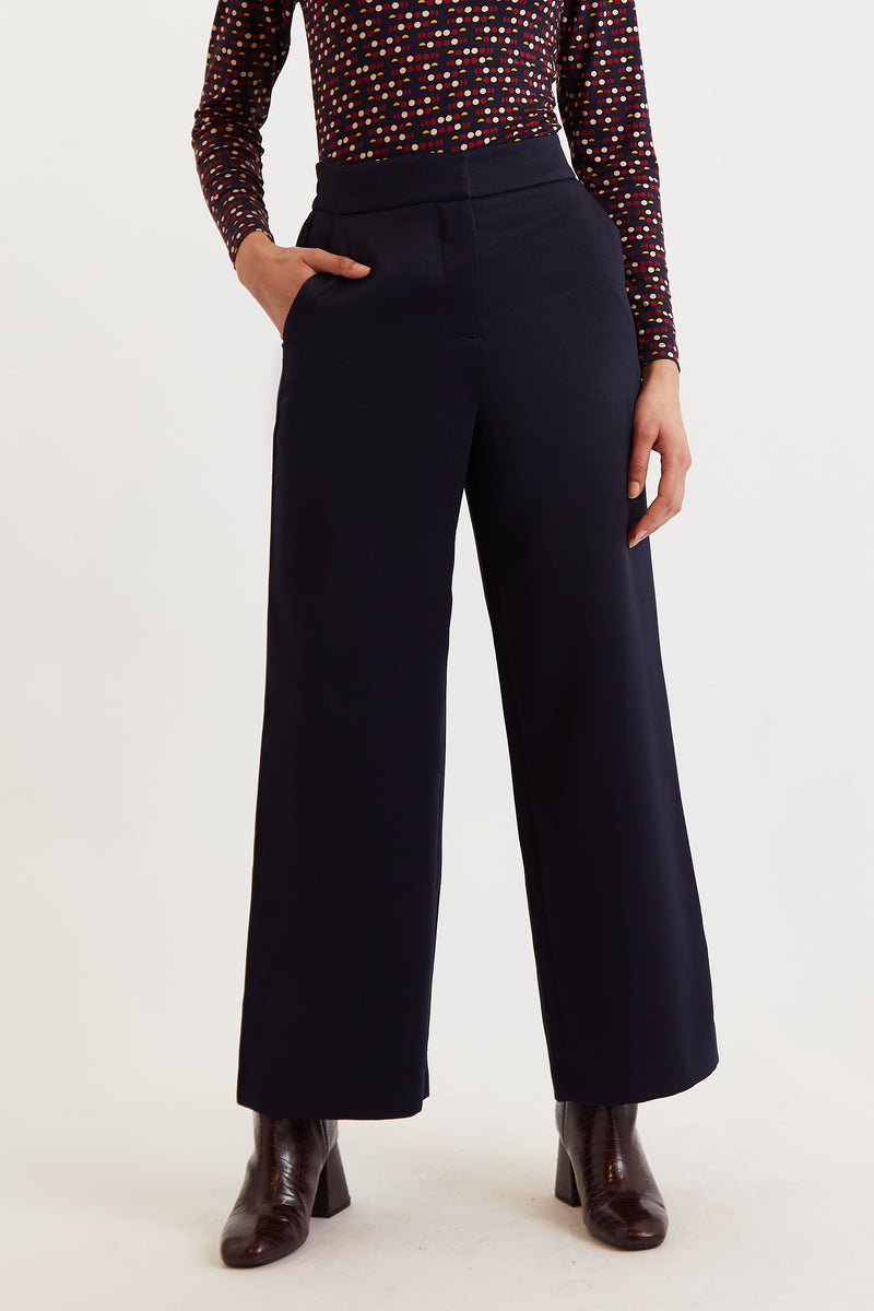 Tilde Sustainable Satin Back Crepe Wide Leg Trousers - Navy - Front