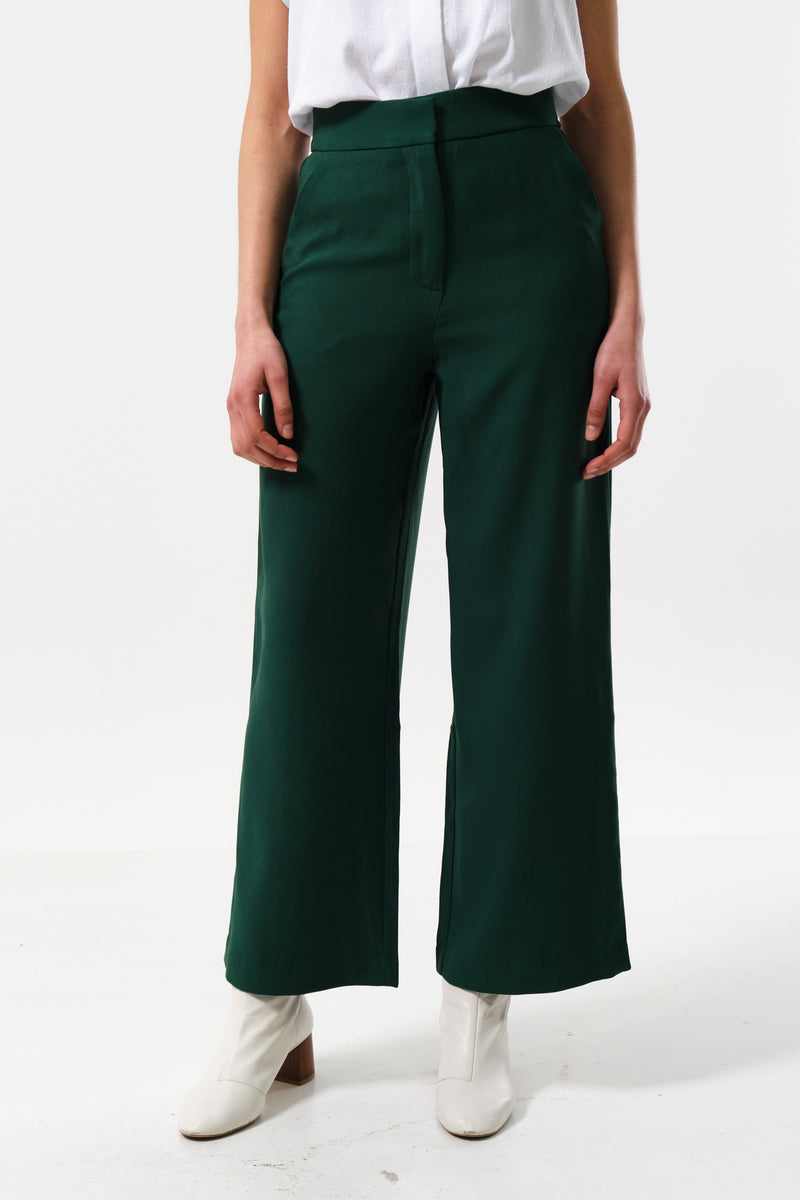 Tilde Sustainable Satin Back Crepe Wide Leg Trousers - Forest Green - Front