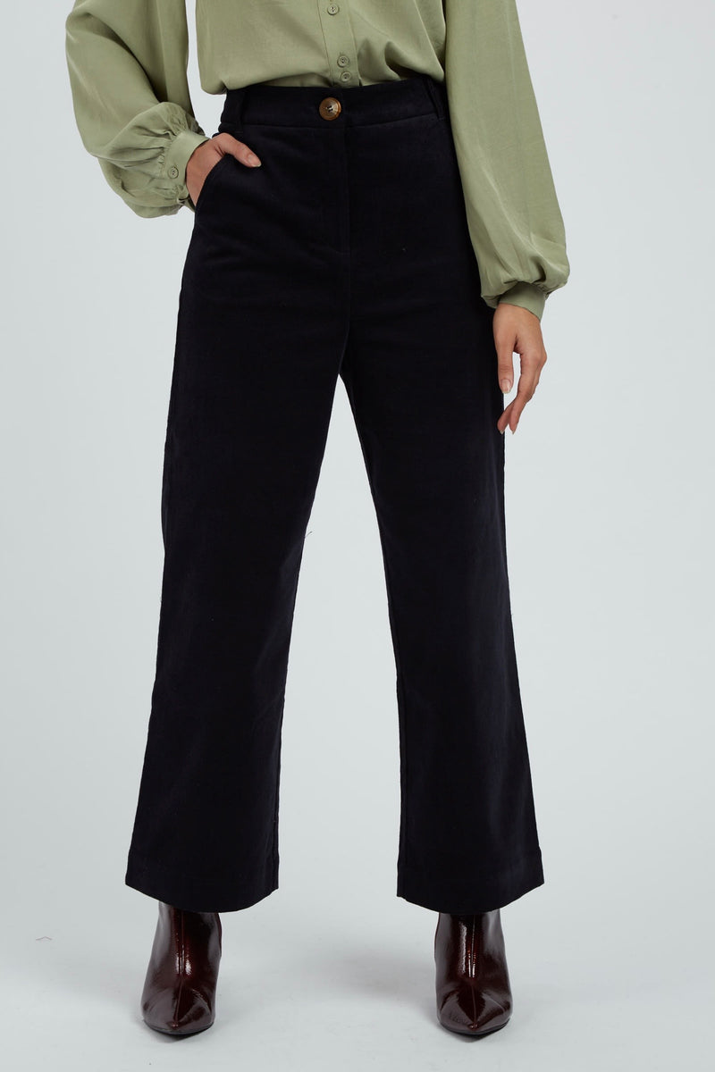 Tim Navy Baby Cord Cropped Straight Leg Trouser - Front