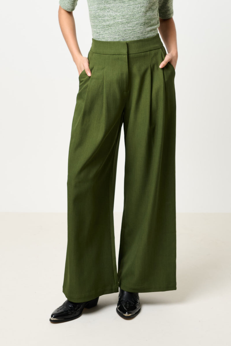 Tyler Pleat Front Wide Leg Trouser - Moss Green - Front