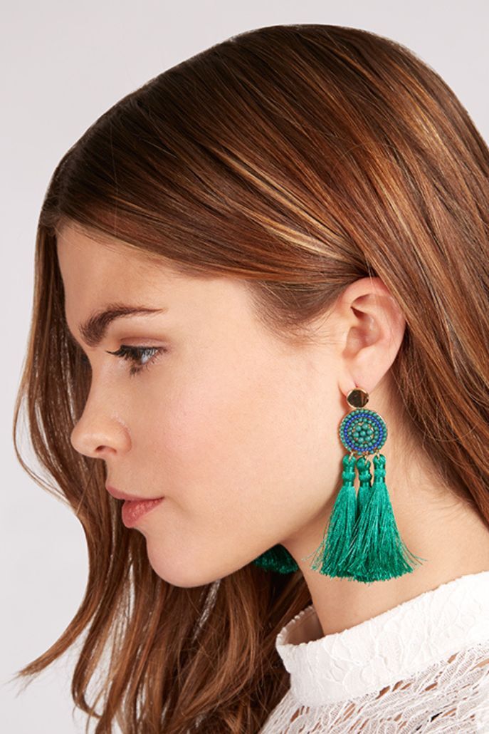 Austen Beaded 3Tassel Earrings - Green