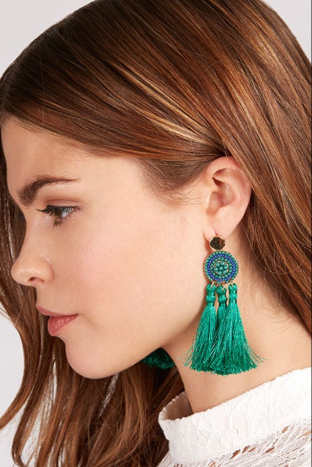 Austen Beaded 3Tassel Earrings - Green - Front