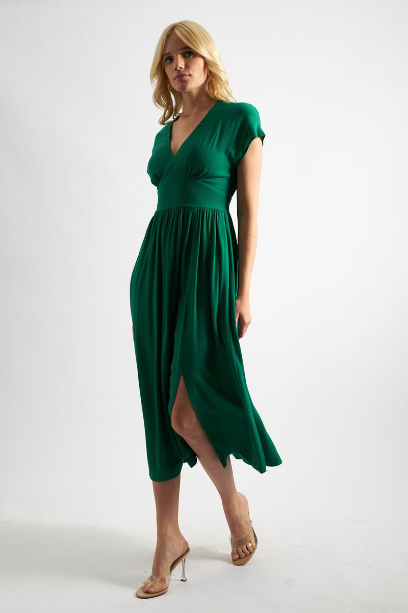 Unity Moss Crepe V-Neck Midi Dress - Green - Front