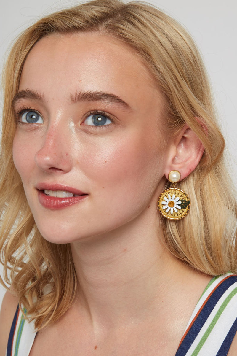 Miriam White Flower Pearl Drop Gold Earrings