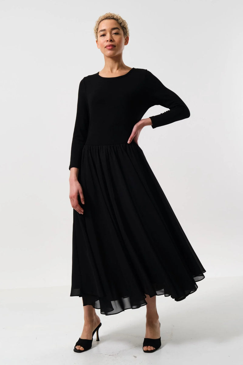 Huxley Jersey & Georgette Midi Dress - Black - Front