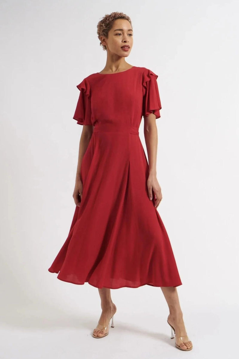 Katleen Crepe Flutter Sleeve Midi Dress - Red - Front