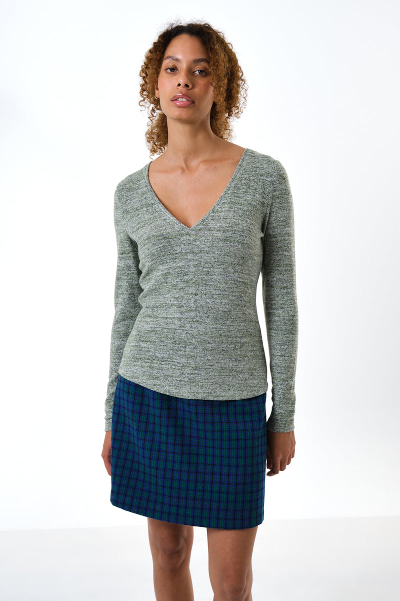 Vinita Soft Marl V-Neck Long Sleeve Top - Green - Front