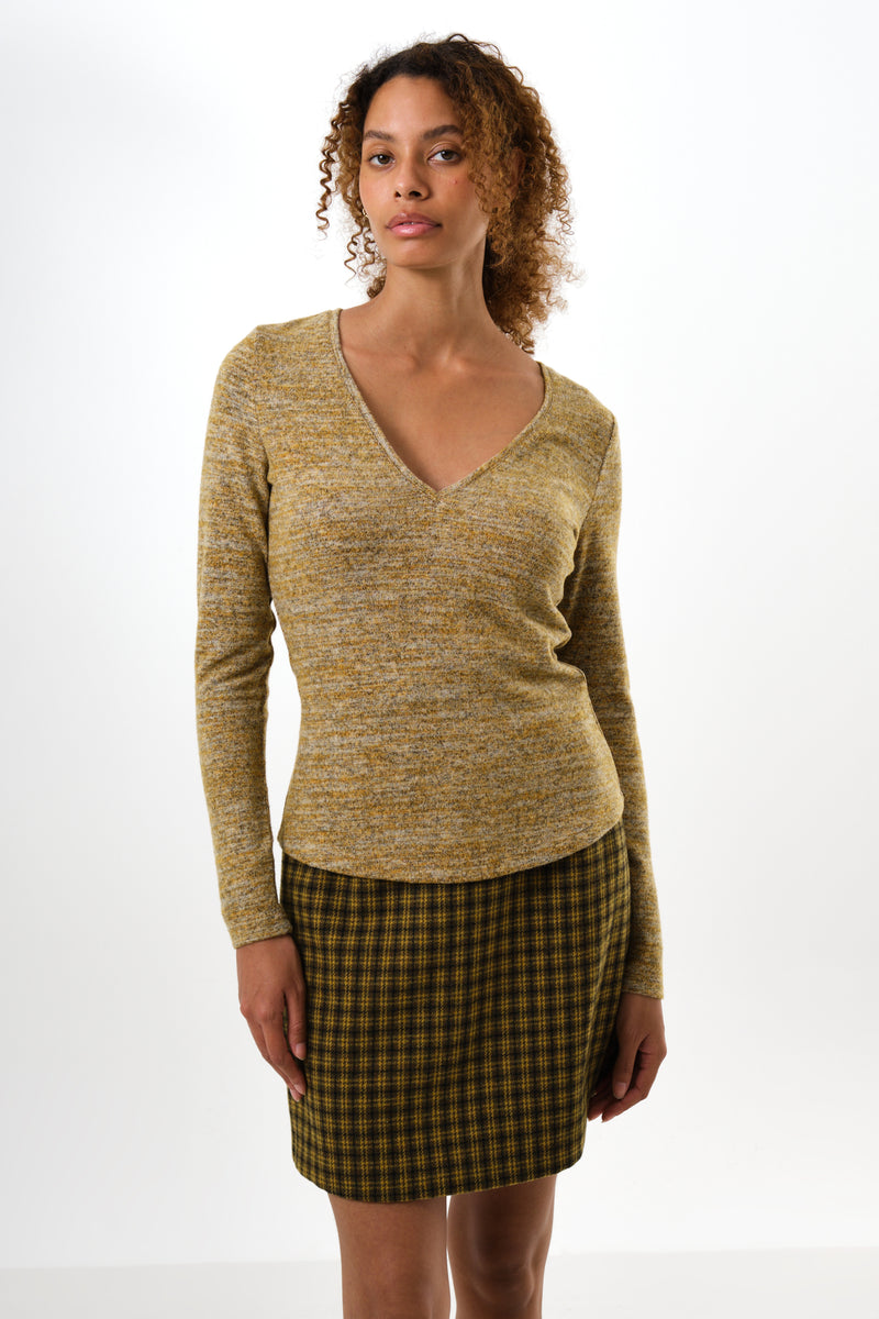Vinita Soft Marl V-Neck Long Sleeve Top - Mustard - Front