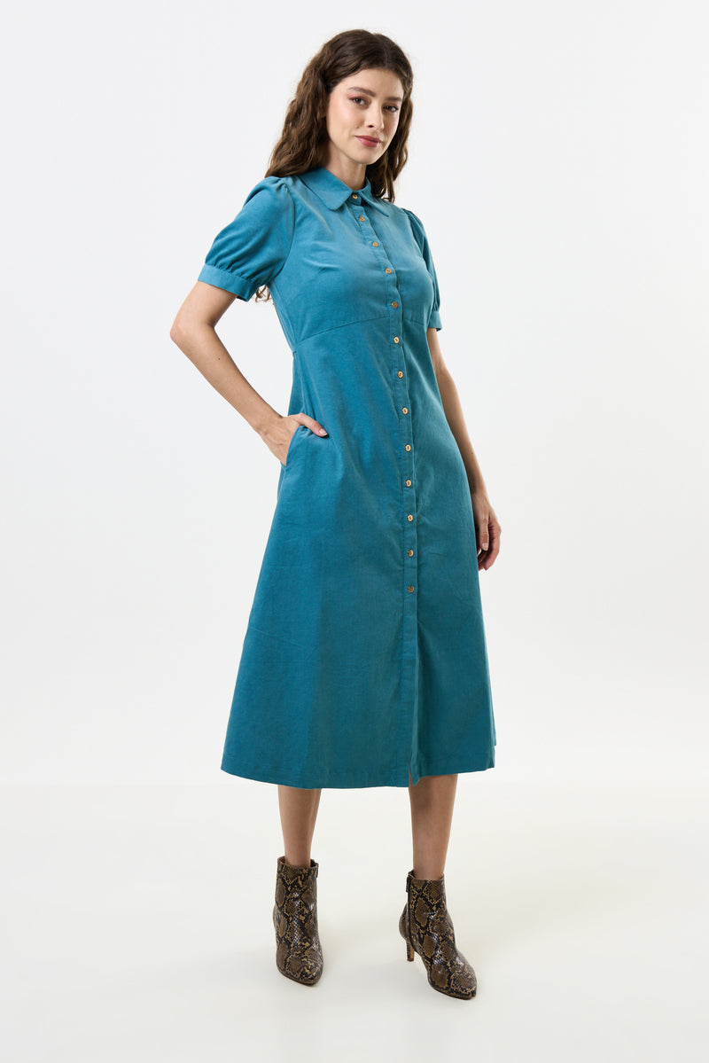 Wanda Lightweight Baby Cord Puff Sleeve Midi Dress - Teal - Front