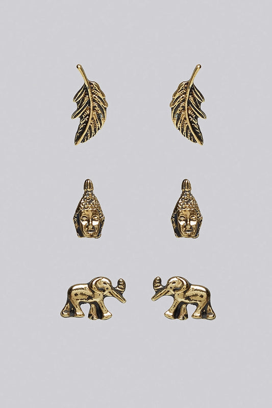 Wilder 3 Pack Elephant Tribal Gold Earrings