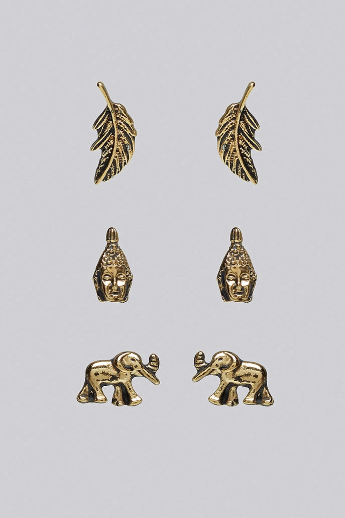 Wilder 3 Pack Elephant Tribal Gold Earrings - Front