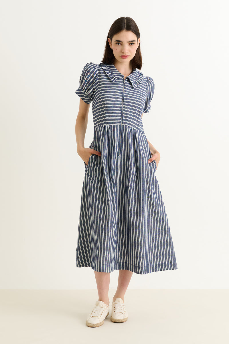 Yassine Ticking Stripe Midi Dress - Navy&White - Front