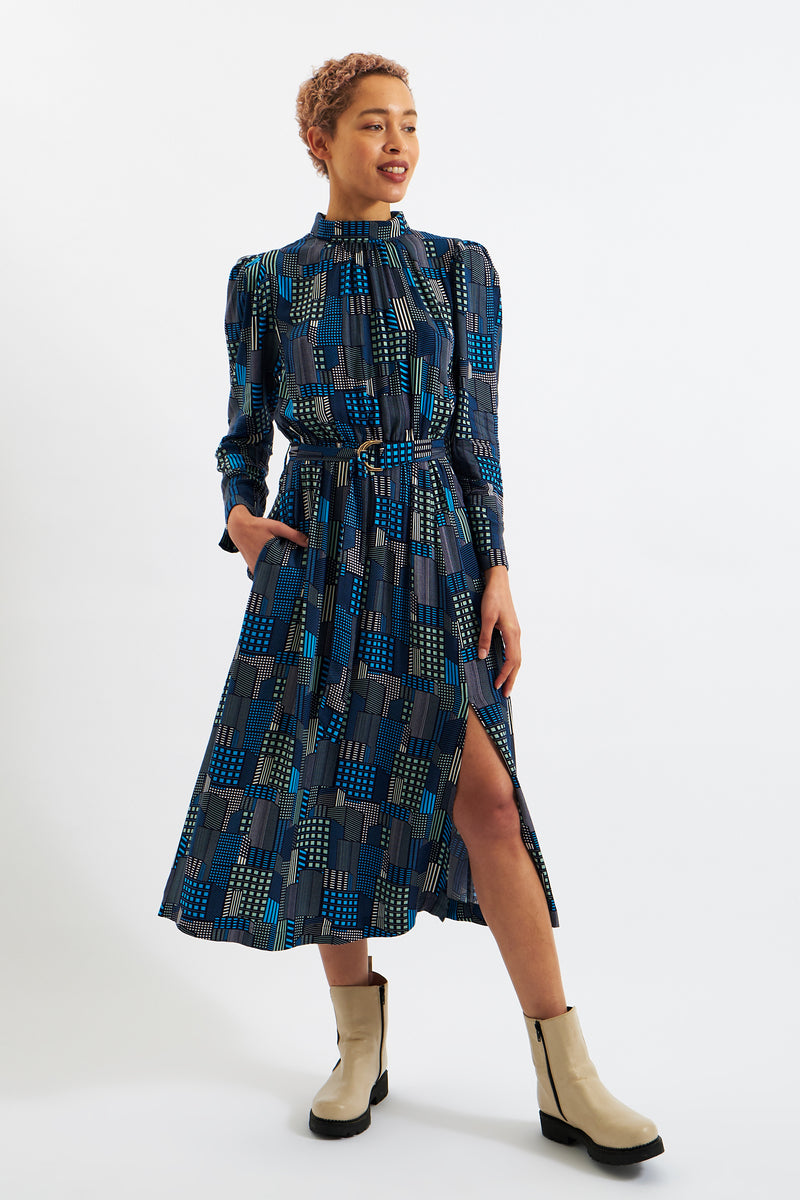 Ygritte Geo City Print Long Sleeve Midi Dress - Front