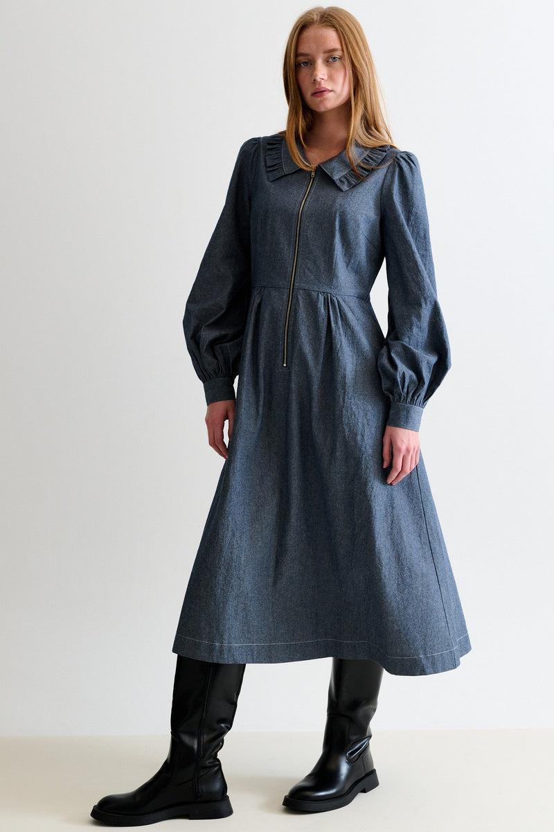 Zoya Chambray Zip Front, Frill Collar Midi Dress - Dark Grey - Front