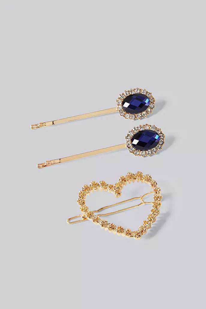 Kat Set Of 3 Gold and Blue Stone Hair Clips - Front