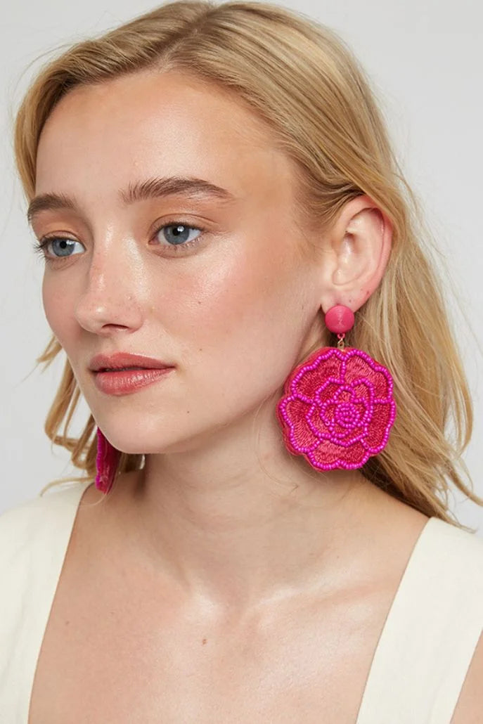 Aquila Flower Beaded Earrings in Pink - Front