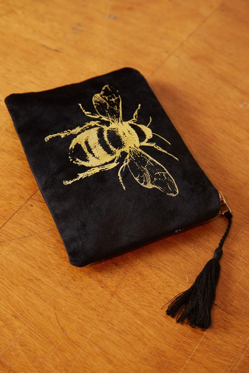 Single Gold Bee Velvet Make Up Bag - Front