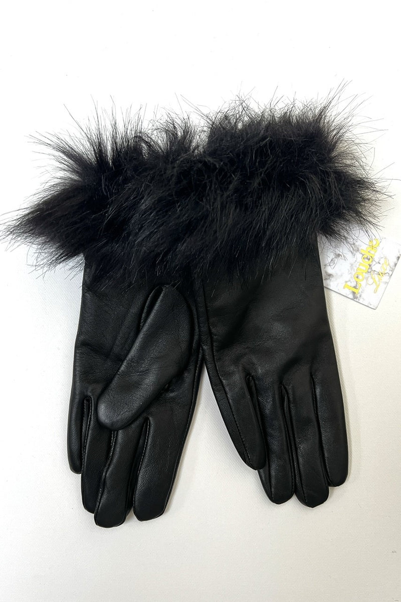 Isla Black Leather Cuffed Faux Fur Gloves - Front