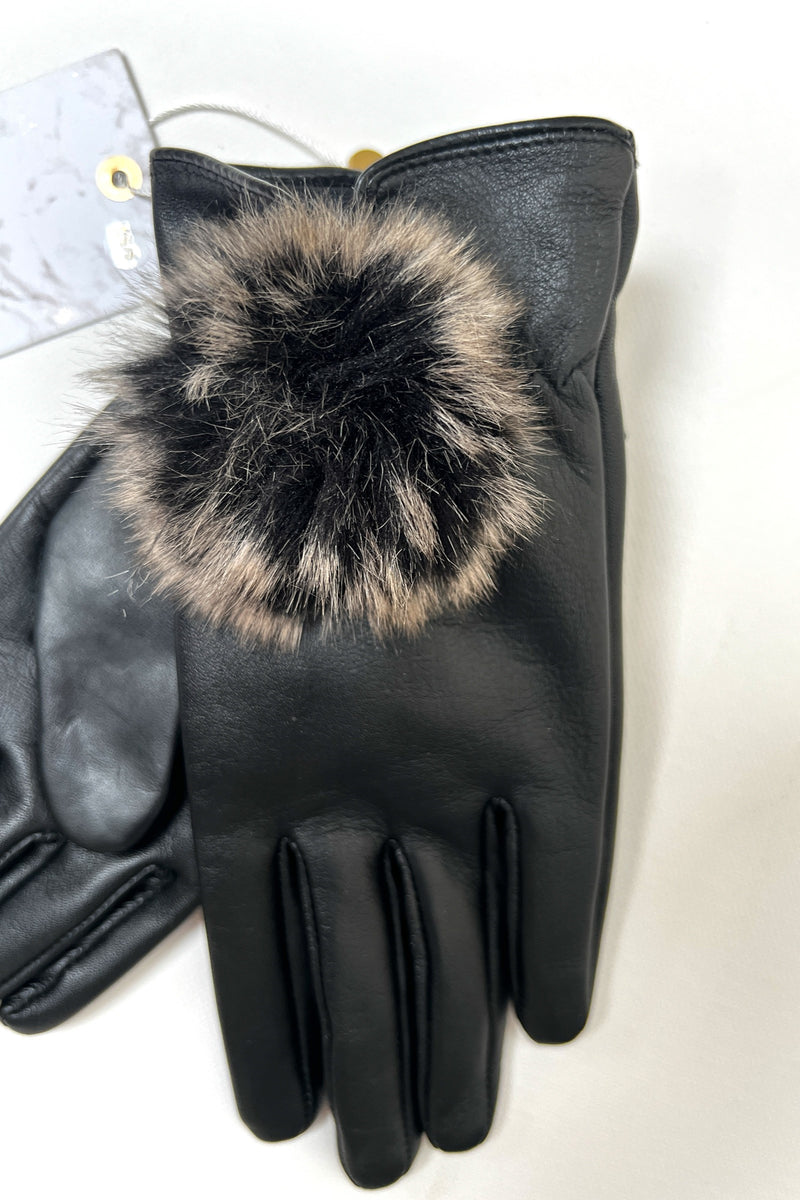 Dashlyn Grey Faux Fur Bobble Leather Gloves - Front