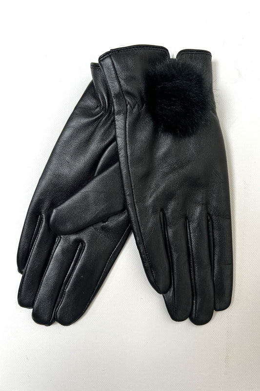 Dashlyn Black Faux Fur Bobble Leather Gloves