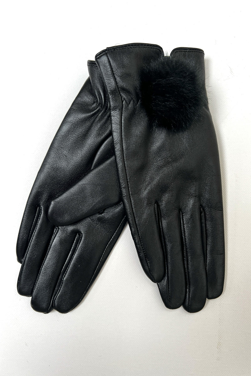 Dashlyn Black Faux Fur Bobble Leather Gloves - Front