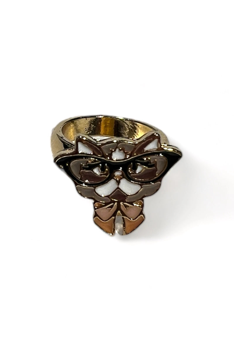 Cat with Glasses Enamelled Gold Ring - Front