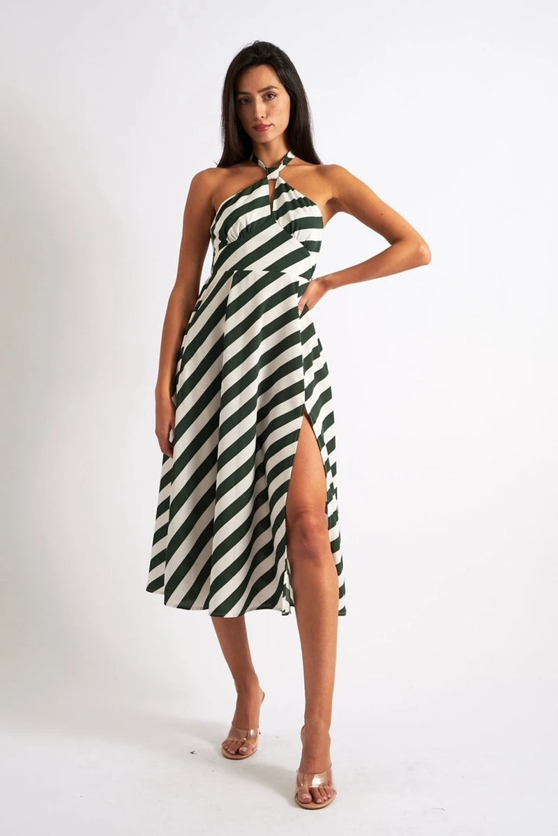 Geri Diagonal Lines Print Halter Midi Dress - Green - Front