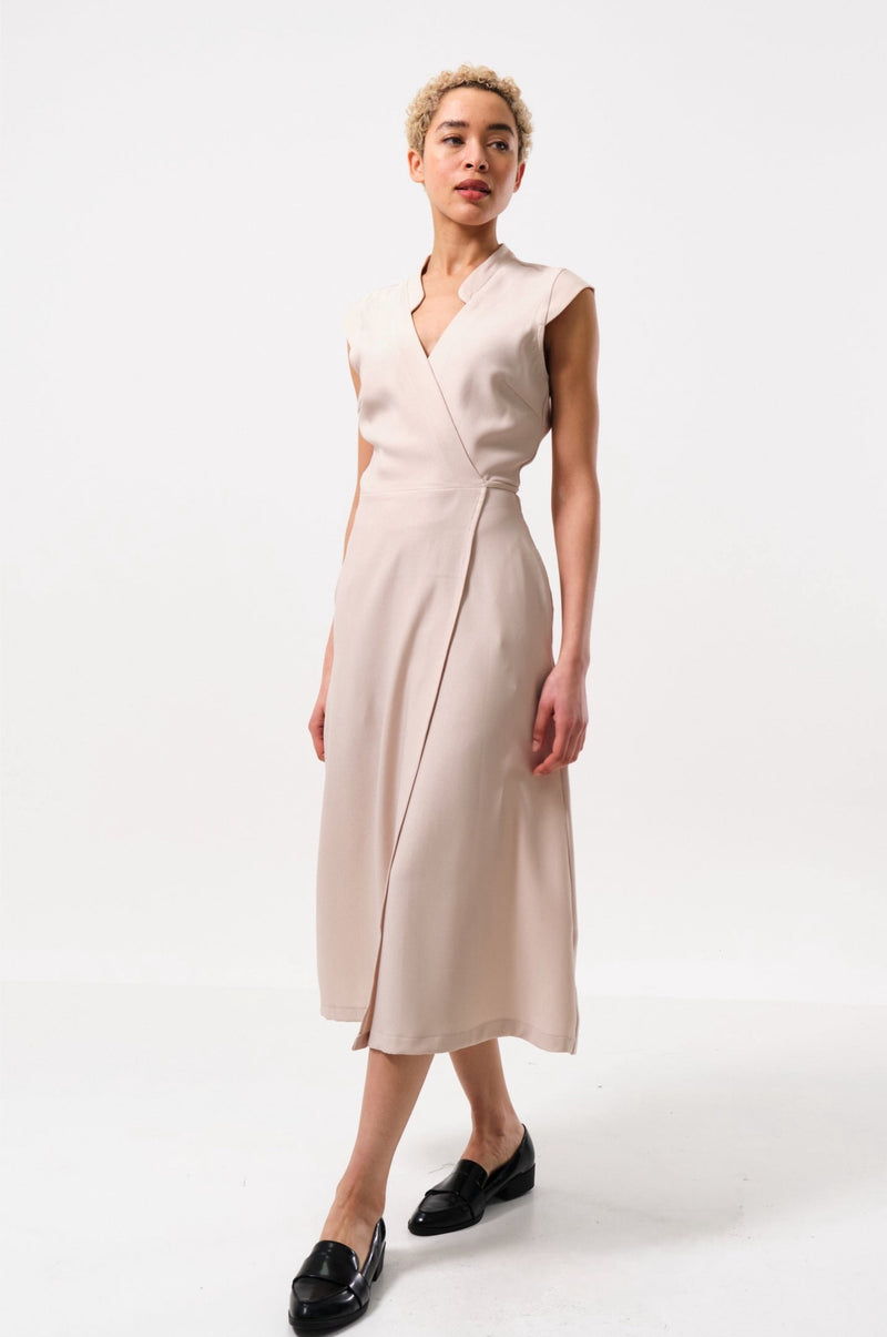 Urbain Satin Back Crepe Wrap Midi Dress - Camel - Front