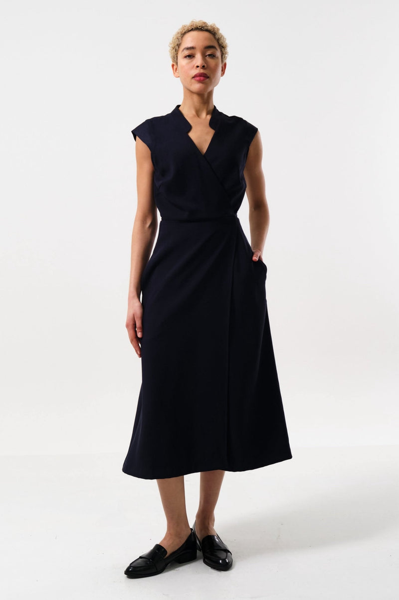 Urbain Satin Back Crepe Wrap Midi Dress - Navy - Front
