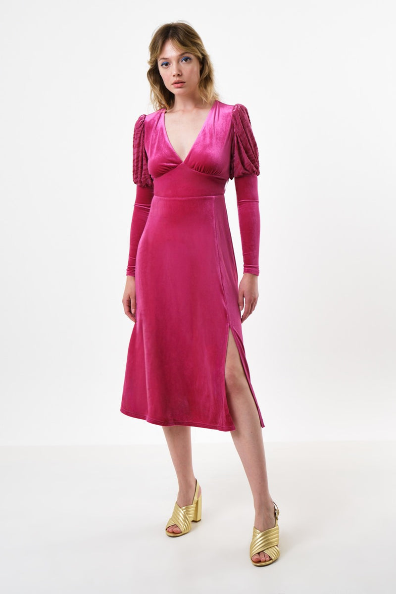 Moa Velvet V-Neck Midi Dress - Pink - Front