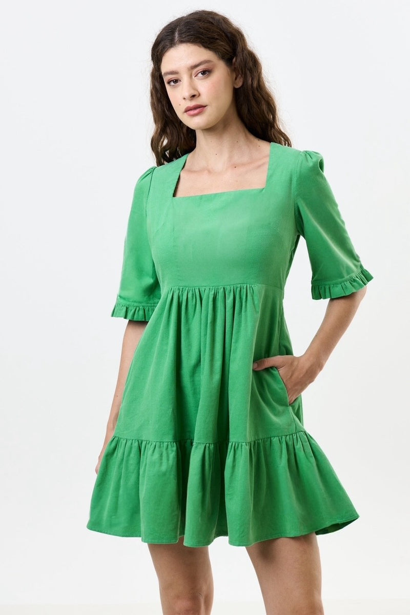 Sassa Lightweight Baby Cord Tiered Mini Dress - Green - Front