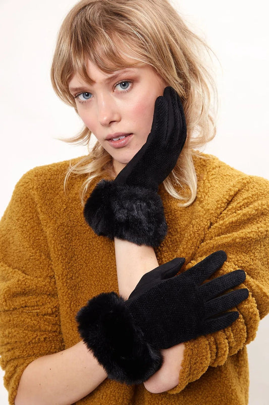 Louche Emer Faux Suede And Fur Cuffed Touch Screen Gloves - Black