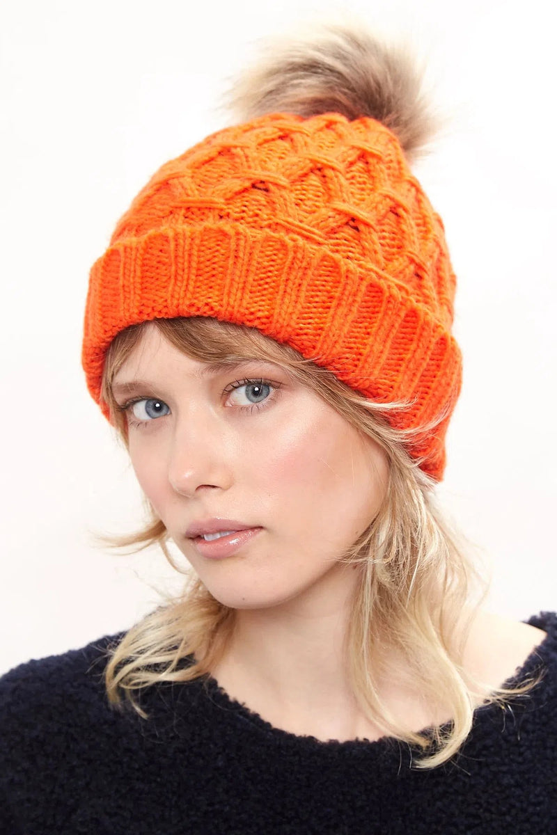 Louche Shauna Cable Knitted Beanie With Faux Fur Bobble - Red - Front