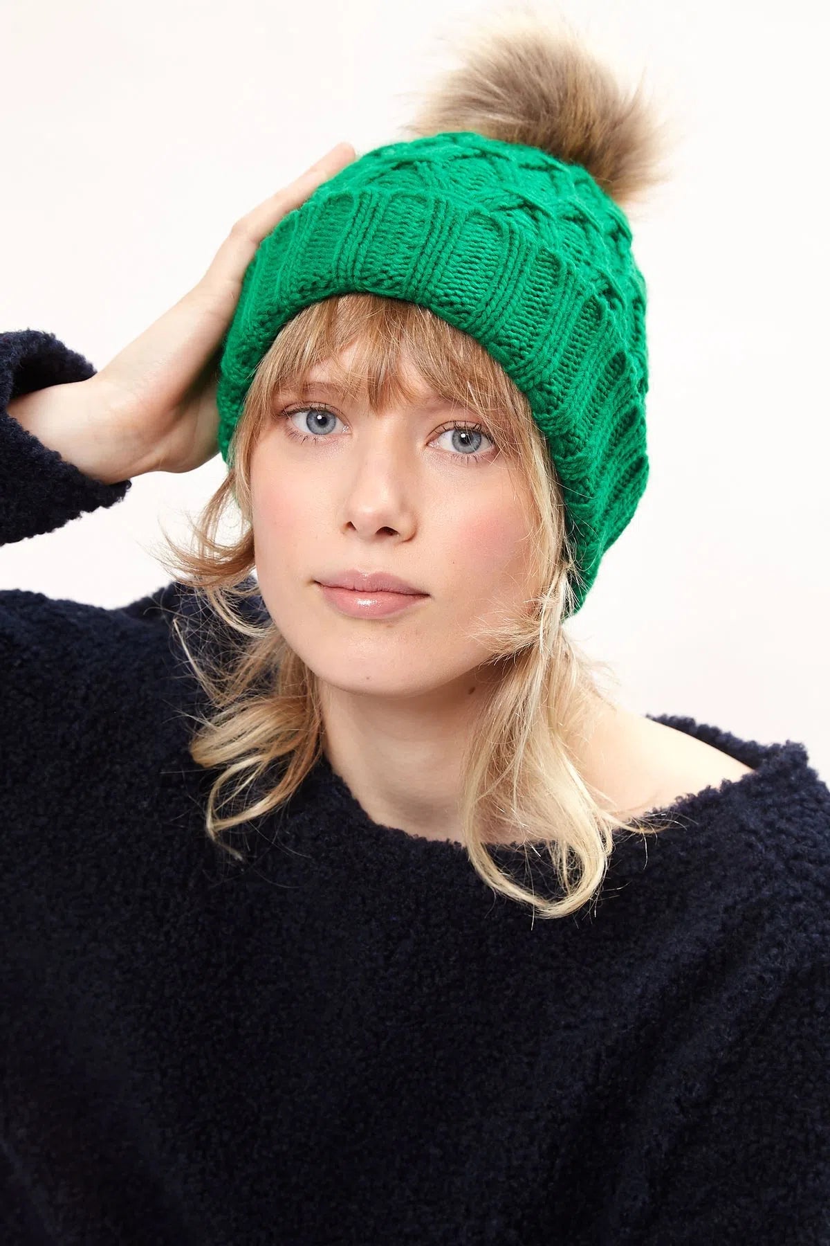 Shauna Cable Knitted Beanie Faux Fur Bobble