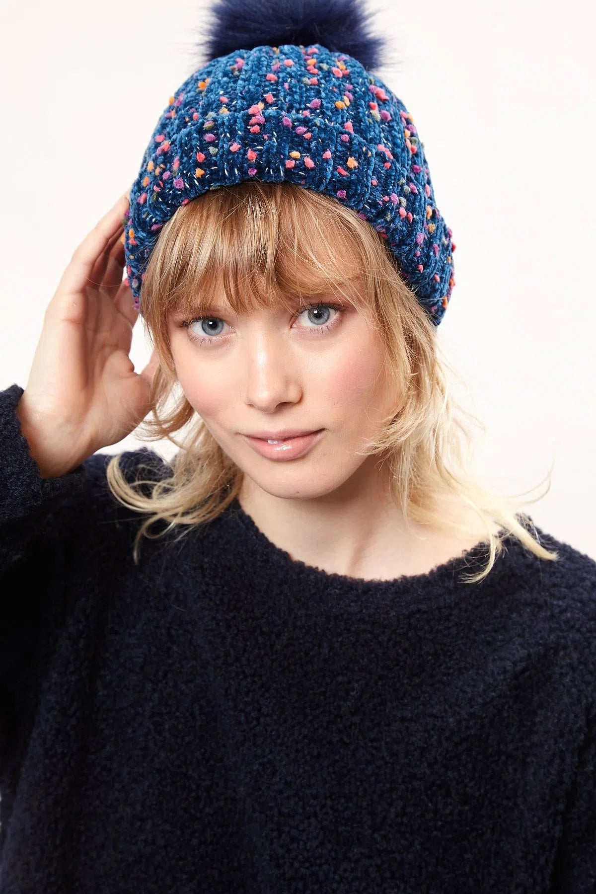 Louche Shannon Knitted Nep Beanie With Faux Fur Bobble - Navy