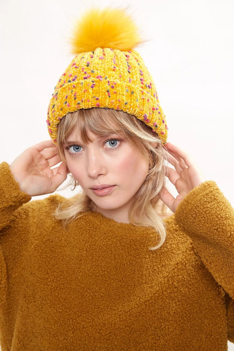 Louche Shannon Knitted Nep Beanie With Faux Fur Bobble - Mustard - Front
