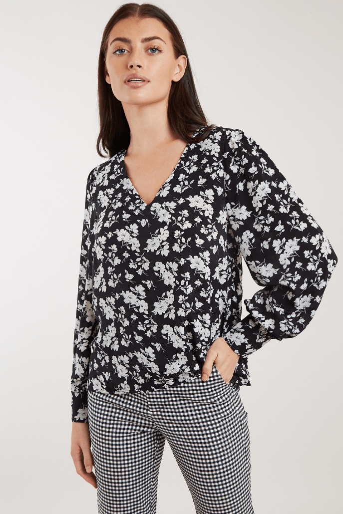 Bindy Mono Sprig Print V Neck Long Sleeve Blouse