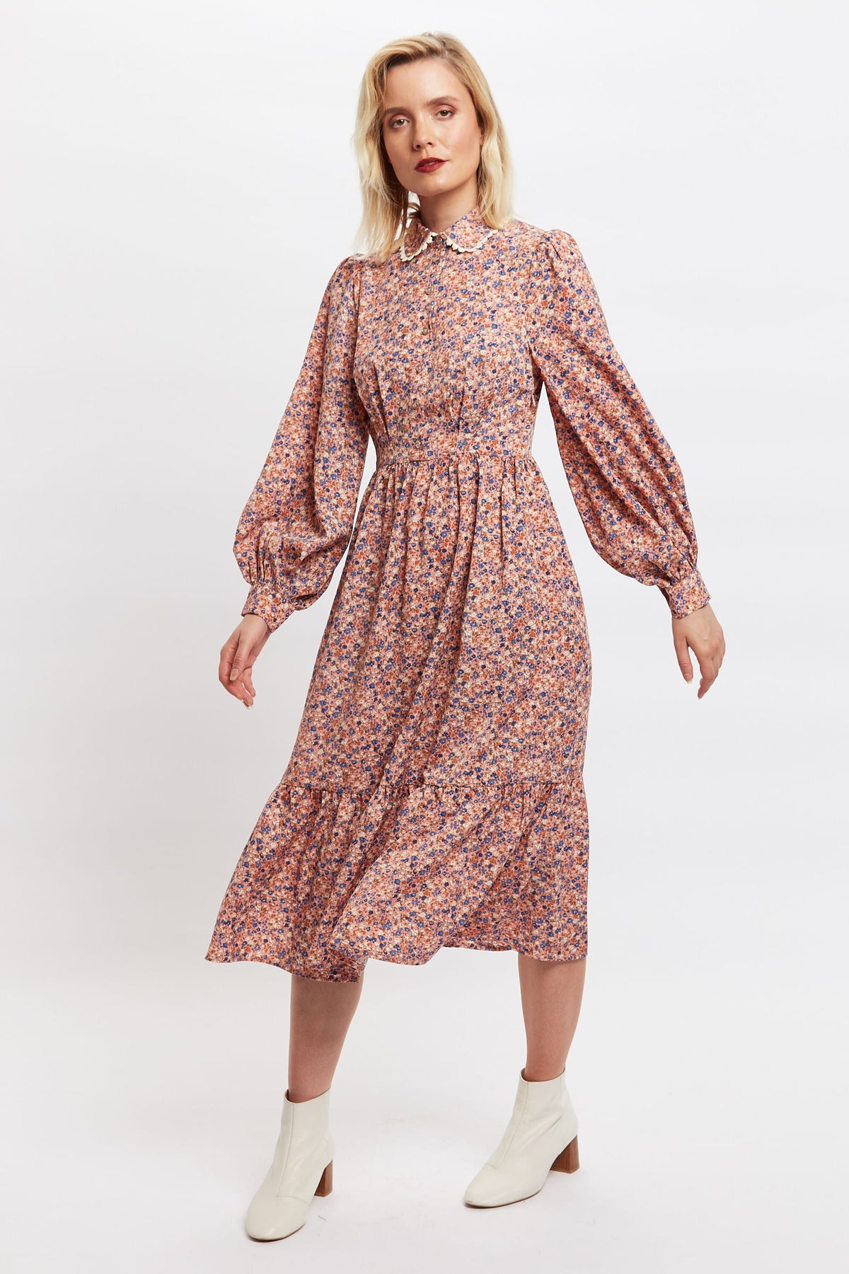 Anda Dainty Ditsy Print Long Sleeve Tie Midi Dress
